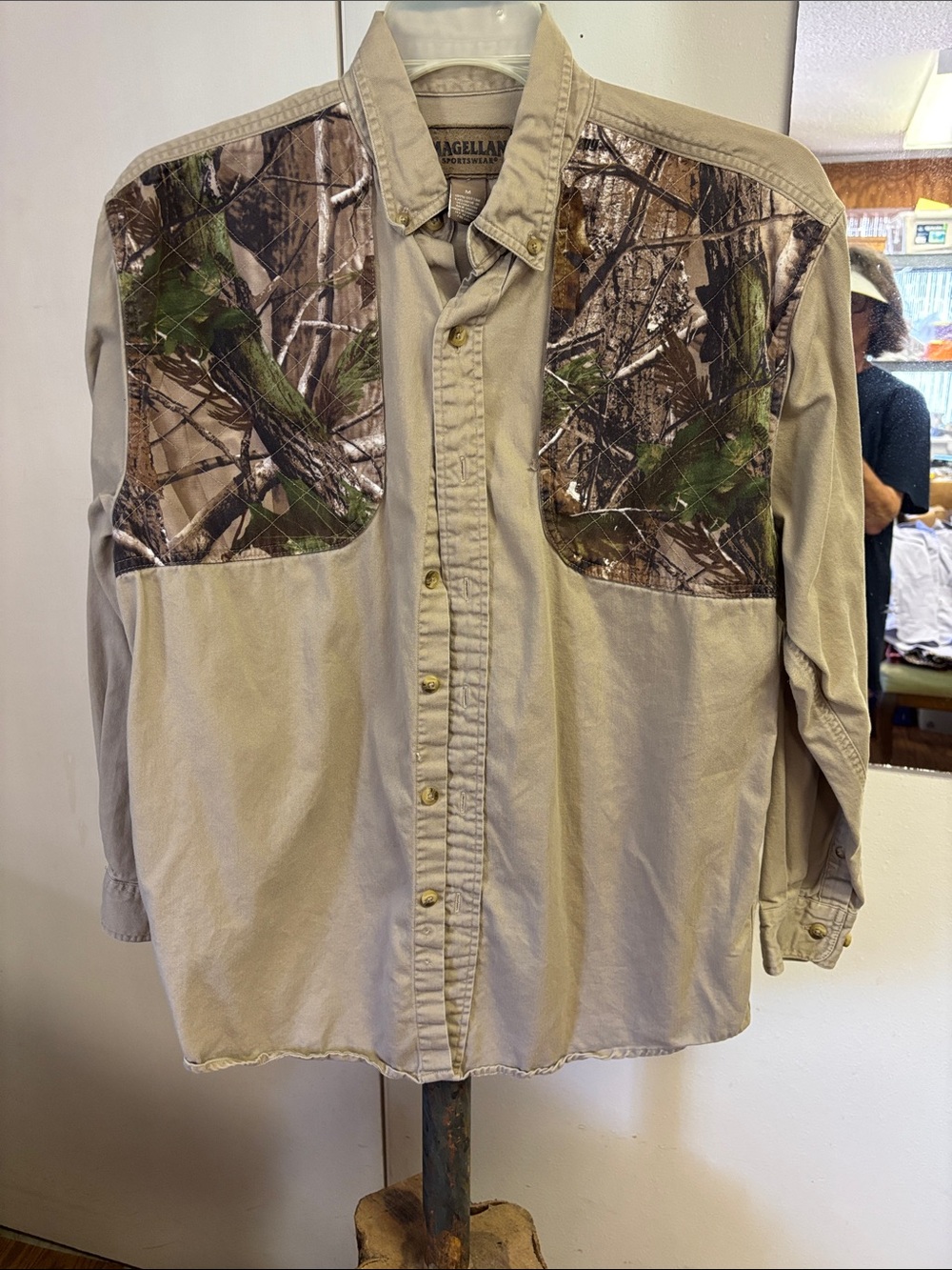 Magellan Outdoors Men's Tan Button-Up Shirt Jacket with Camo Yoke
